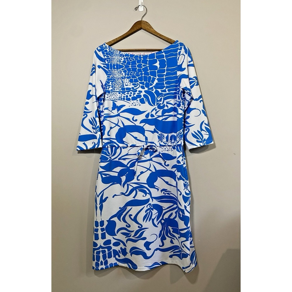 Parisou Dress Womens LARGE Blue White Tropical Vacay Resortwear Shift Drawstring